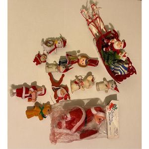 Vintage Christmas Flocked ornaments Santa Claus Sleigh lot of 11